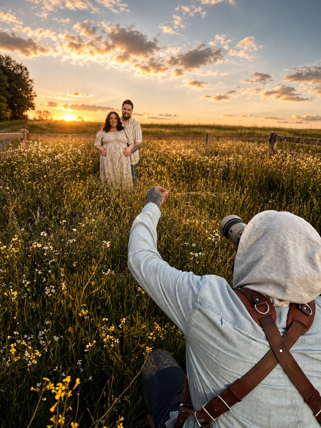 Dennis Mitchel photographing a maternity session in a wildflower field at sunset